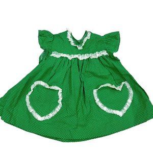 Vintage Handmade Girls Green Polka Dot Spring Dress Lace Trim Front Pockets